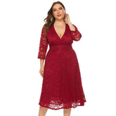 V neck Plus Size 3/4 Sleeve Red Lace Party Dress Sai Feel